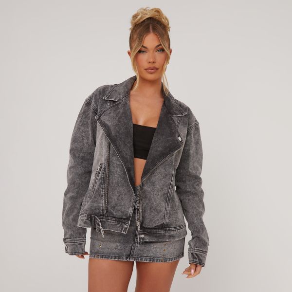 Oversized Biker Jacket In Grey Acid Wash Denim, Women's Size UK 8