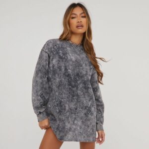 Oversized Crucifix Detail Sweater Dress In Grey Acid Wash, Women's Size UK 6