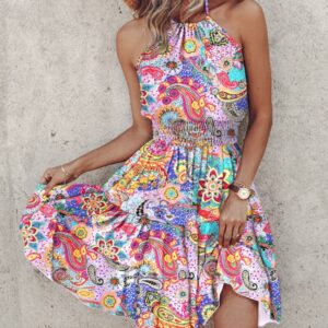 Paisley Print Halter Backless Ruffles Dress