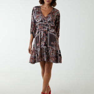 Paisley Wrap Front Pleated Kimono Sleeve Dress - 8 / BLACK PATTERN