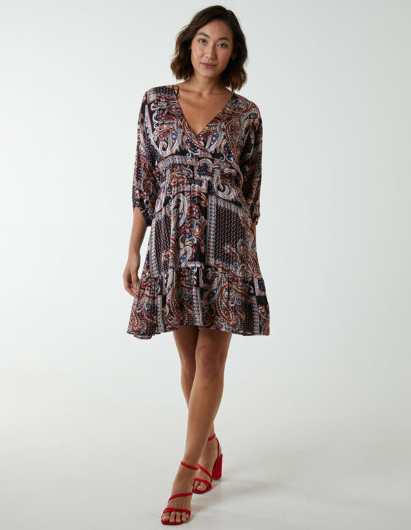 Paisley Wrap Front Pleated Kimono Sleeve Dress - 8 / BLACK PATTERN