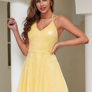 Pale Yellow Dresses V-Neck Halter Backless Lace-up Short Swing Dress