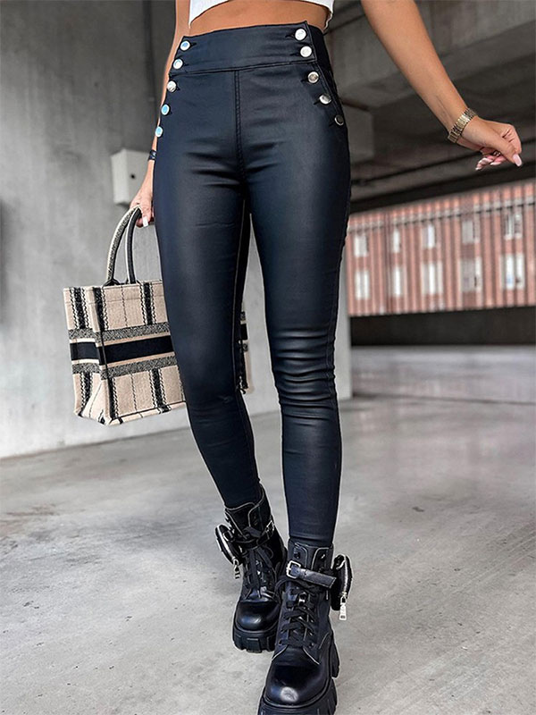 Pants Black Buttons PU Leather High Rise Waist Trousers