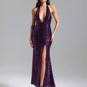 Party Dress Glitter Halter Backless Plunge High Slit Sexy Prom Maxi Dress