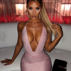 Party Dresses Pink V-Neck Pleated Sleeveless Backless Semi Formal Dress Bodycon Dress