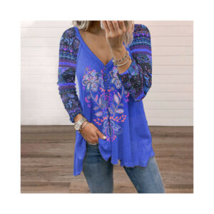 (PeaCock Blue, 5XL=UK SIZE 16-18) Women Long Sleeve Floral T Shirt Ladies V Neck Button Baggy Tops Blouse Pullover