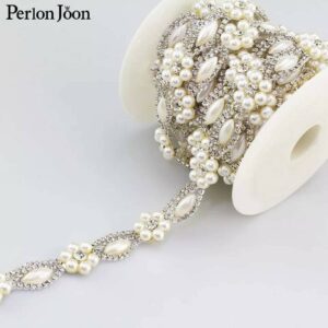 Pearl Flower Sash 1-5 Yards Wedding Dress Bridal Gown Hair Rhinestone Applique Belt Headband Bag Shoe Trim Diamante Prom Dance Embellishment