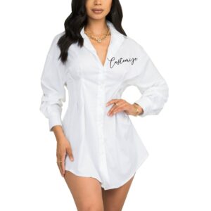 Personalized White Button Up Shirt Dress, Custom Text Cinched Waist Collared Down Business Logo, Trendy Monogram Dress