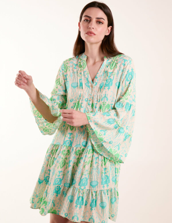 Pin Tuck Tiered Abstract Smock Dress - S / GREEN