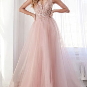 Pink Evening Dress A-Line V-Neck Sleeveless Polyester Floor-Length Lace Formal Party Dresses