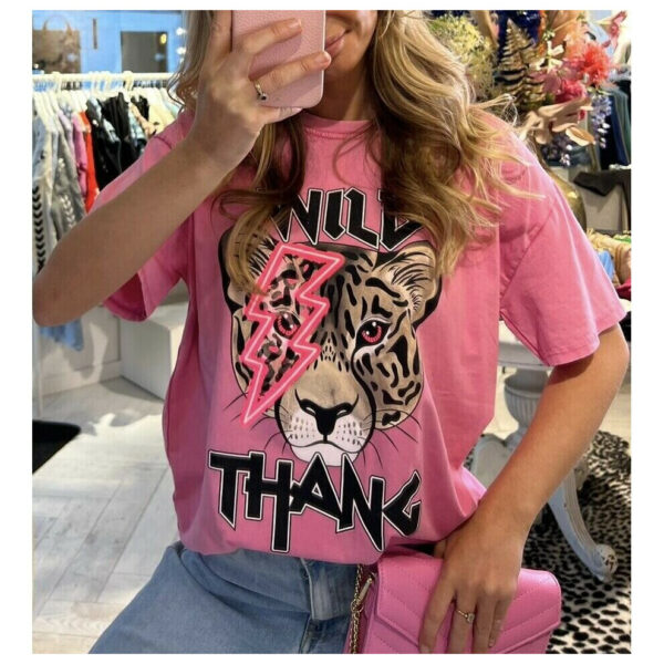 (Pink, ML 12-14) New Ladies Wild Thang Graphic Print T-Shirt Women Oversized Short Sleeve Tee Top