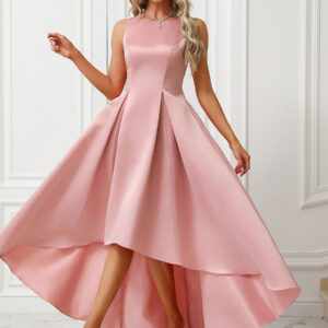 Pink Maxi Dress Sleeveless V-Back High-Low Ruching Party Prom Dresses