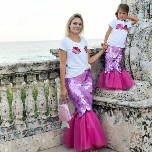 Pink Mommy & Me Outfits - Mermaid Tail Costume Hot Sequin Skirt, White Seashell Print T-Shirt Cosplay, Matching Birthday