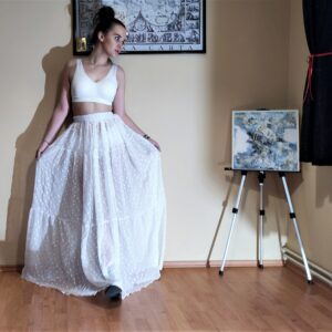 Pleated Skirt. Sheer Thin Embroidered Gentle Cotton Summer White Long Bridal Fashion Beach Mother's Day Gift