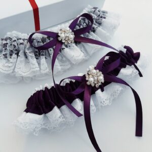 Plum Wedding Garter Set, Lace Bridal Deep Purple For Bride, Belt Wedding, Eggplant Leg