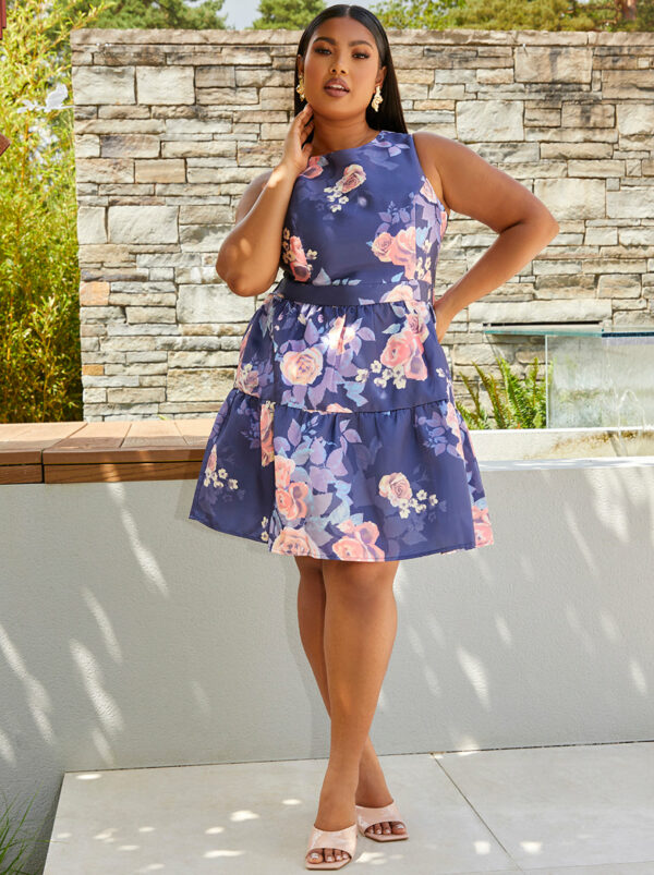 Plus Size Floral Printed Tiered Skirt Mini Dress in Navy - 18