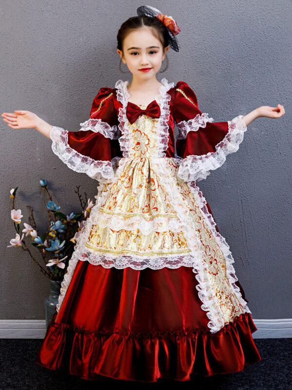 Polyester Fiber Tea Party Draped 3/4 Length Sleeves Polyester Summer Dress Floral Print Burgundy Kids' Lolita Dresses