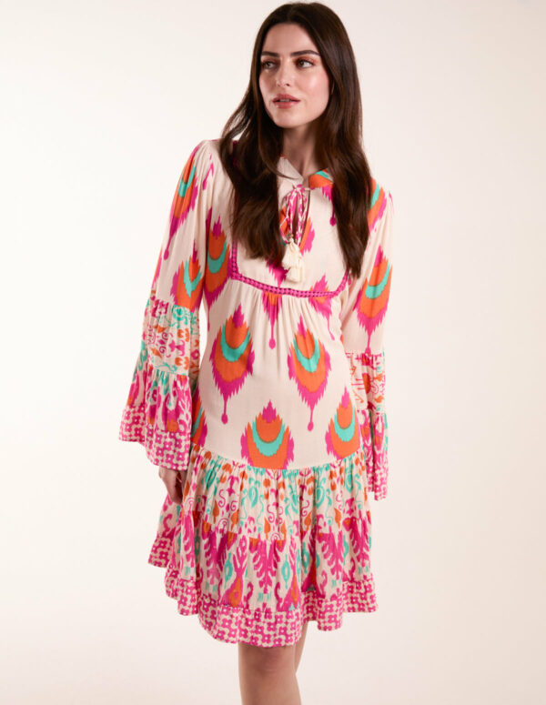 Printed Long Sleeve Tie Front Smock Dress - S / MULTI