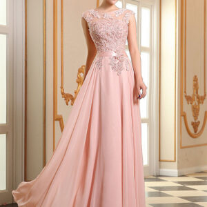 Prom Dresses Soft Pink Lace Applique Evening Dresses Chiffon Sleeveless Sash Floor Length Formal Gowns