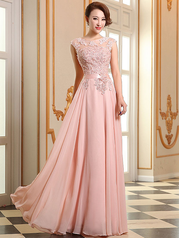 Prom Dresses Soft Pink Lace Applique Evening Dresses Chiffon Sleeveless Sash Floor Length Formal Gowns