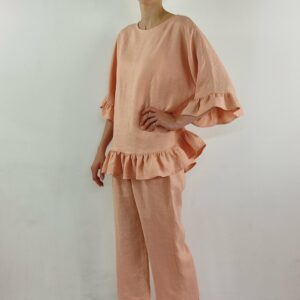 Pure Linen Pajama, Bluoses Plus Cropped Pants , Pajama Set, Sleepwear Set