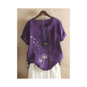 (Purple, M=UK 12) Women's Cotton Linen Short Sleeve Tops Ladies Summer Floral Loose T-shirt Blouse