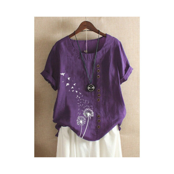 (Purple, M=UK 12) Women's Cotton Linen Short Sleeve Tops Ladies Summer Floral Loose T-shirt Blouse