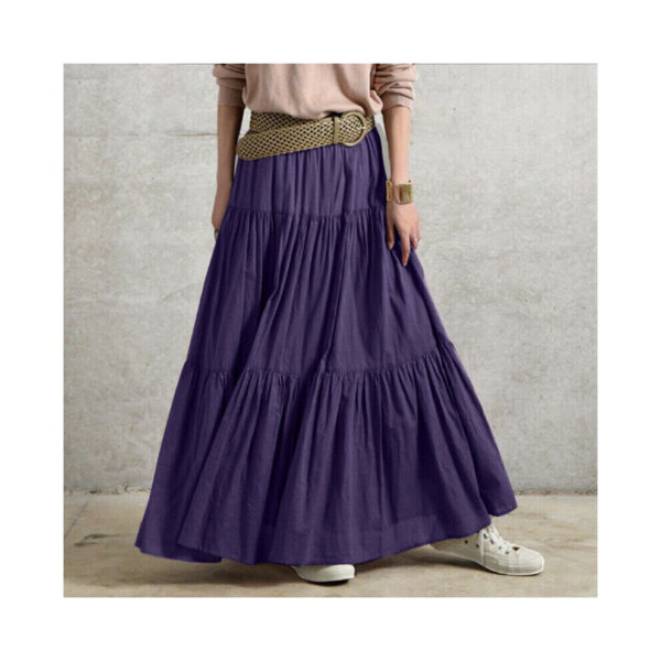 (Purple, S) Women Pleated Skirt Maxi Vintage Casual Loose Ruffle Long Swing Dress Plus Size