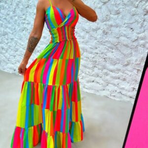 Rainbow Stripe Print Halter Backless Maxi Dress