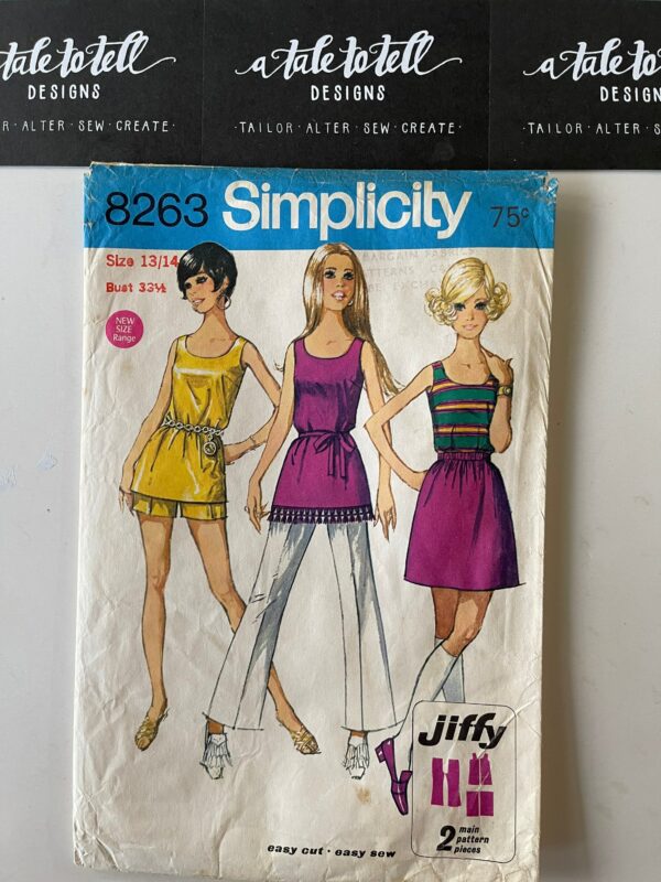 Rare 1969 Vintage Simplicity Jiffy Sewing Pattern 8263 Sz 14 Wide Leg Pants Bell Bottoms , Shorts Mini Skirt Tunic Top Sixties Easy Sew