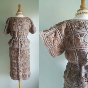 Rare Vintage 1970S Brown Taupe Knit Dress Set, Leather & Lacy Crochet Squares, Does 1930S 1940S, Skirt Peplum Top, Small Medium