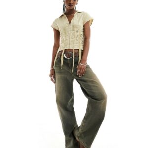 Reclaimed Vintage cinched waist shirt with shirring and tie detail-Multi