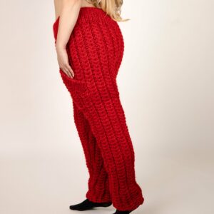 Red 100 % Wool Knit Trousers - Women's Pants Joggers Natural Fiber Clothes T1072