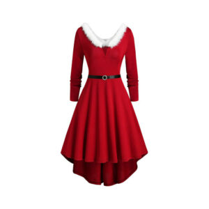 (Red, 2XL) Womens Christmas Mrs Santa Claus Skater Fancy Dress Xmas Party Long Sleeve V Neck Irregular Midi Dresses