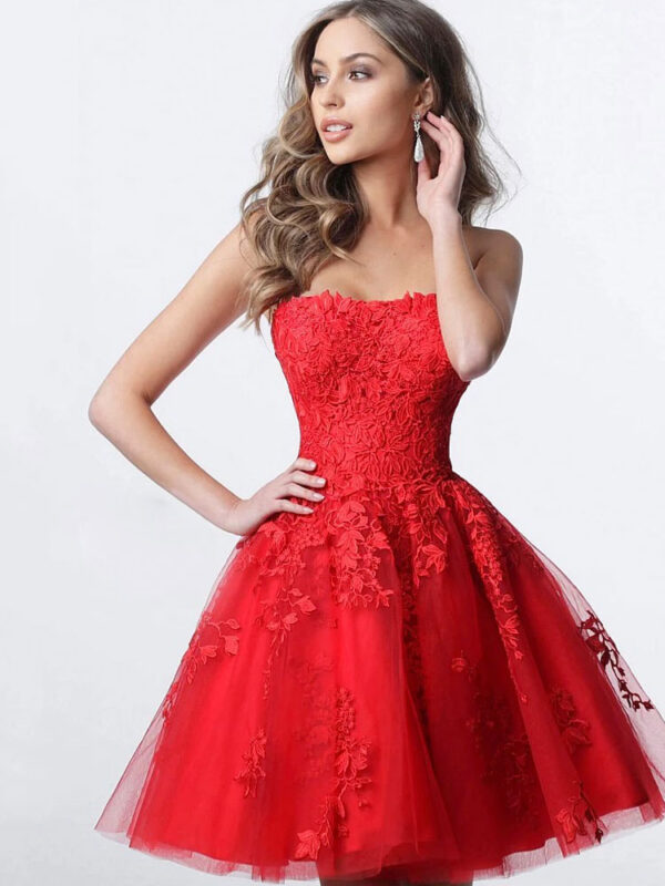 Red Cocktail Dresses Strapless Mini Dress Lace Sexy Party Dress