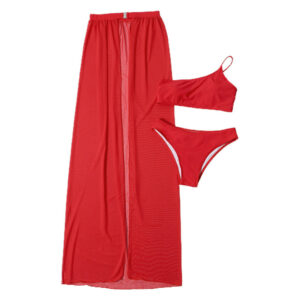 (Red, M) Womens Sexy Summer 3 Piece Bikini Set Solid Color One Shoulder Tube Top for Triangle Bottom Swimsuit with Slit Mesh Maxi Skirt Cover Up Bathi