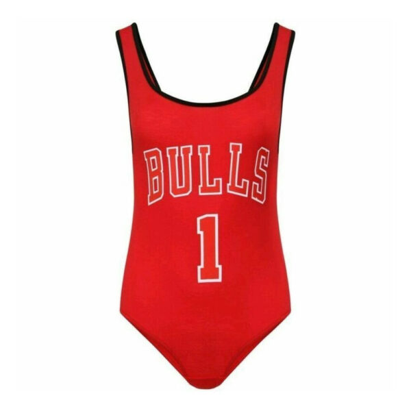 (Red, ML (UK 12-14)) New Womens Ladies (BULLS 1) Print Sleeveless Bodysuit Leotard Top RED Sizes 8-14