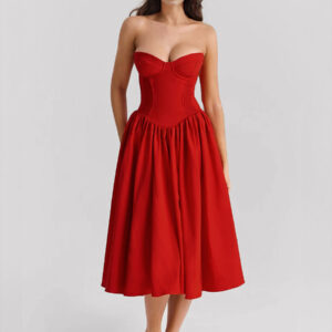 Red Party Dress Strapless Backless Retro Elegant Midi Dress