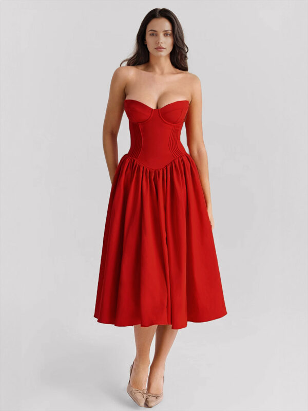 Red Party Dress Strapless Backless Retro Elegant Midi Dress