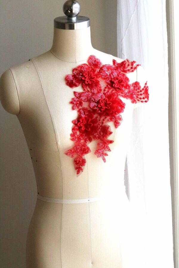 Red Sequin Lace Applique With Four 3D Flowers For Couture Dance Costumes, Ballet, Formal Dresses, Prom Dresses A218-C