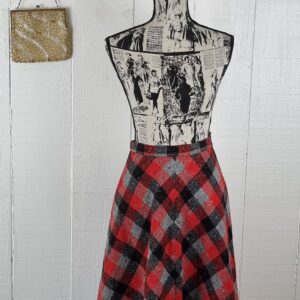 Red Skirt Size S Wool 80's Checked Dark Academia Aesthetic 4 Panel Black Checkered Grunge Style