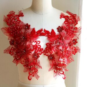 Red & Gold Pearl Beaded Lace Appliqué With 3D Embroidered Floral Leaf Decoration For Couture Dancing Costume, Gown, Prom Dress A216-L