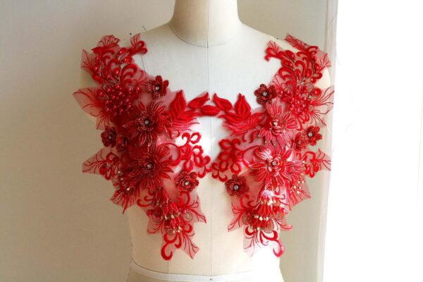 Red & Gold Pearl Beaded Lace Appliqué With 3D Embroidered Floral Leaf Decoration For Couture Dancing Costume, Gown, Prom Dress A216-L