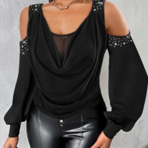 Rhinestone Cold Shoulder Sheer Mesh Patch Top