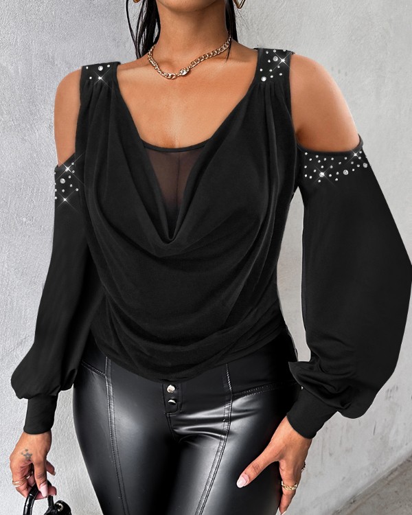 Rhinestone Cold Shoulder Sheer Mesh Patch Top