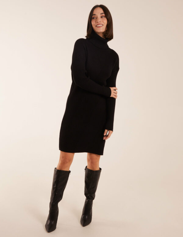 Rib Knitted Roll Neck Jumper Dress - M/L / BLACK