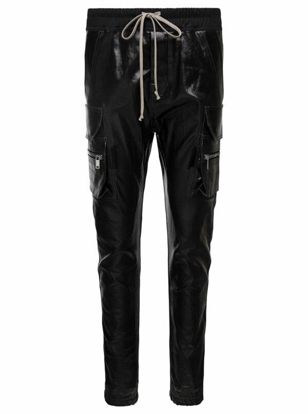 Rick Owens Black Cargo Pants Laquered Denim In Cotton Stretch Woman