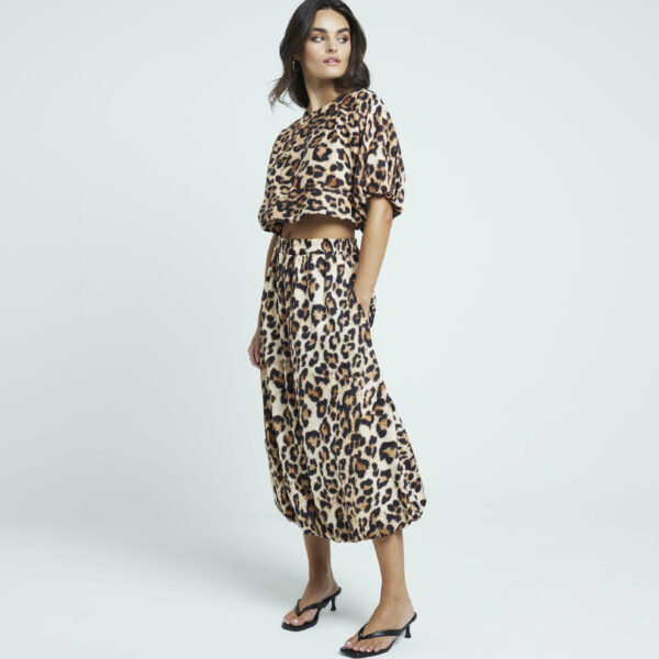 River Island Womens Beige Leopard Print Bubble Hem Midi Skirt