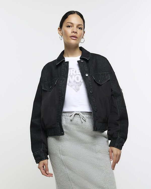 River Island Womens Black Denim Hybrid Bomber Jacket