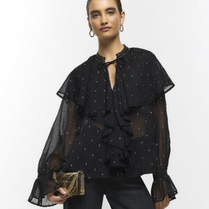 River Island Womens Black Glitter Detail Frill Blouse